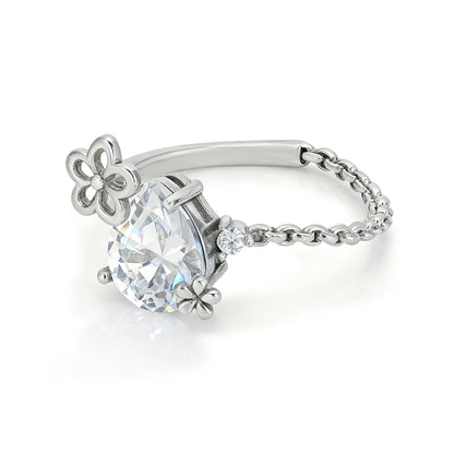 Floral Inspired 925 Sterling Silver White Teardrop Ring for Women