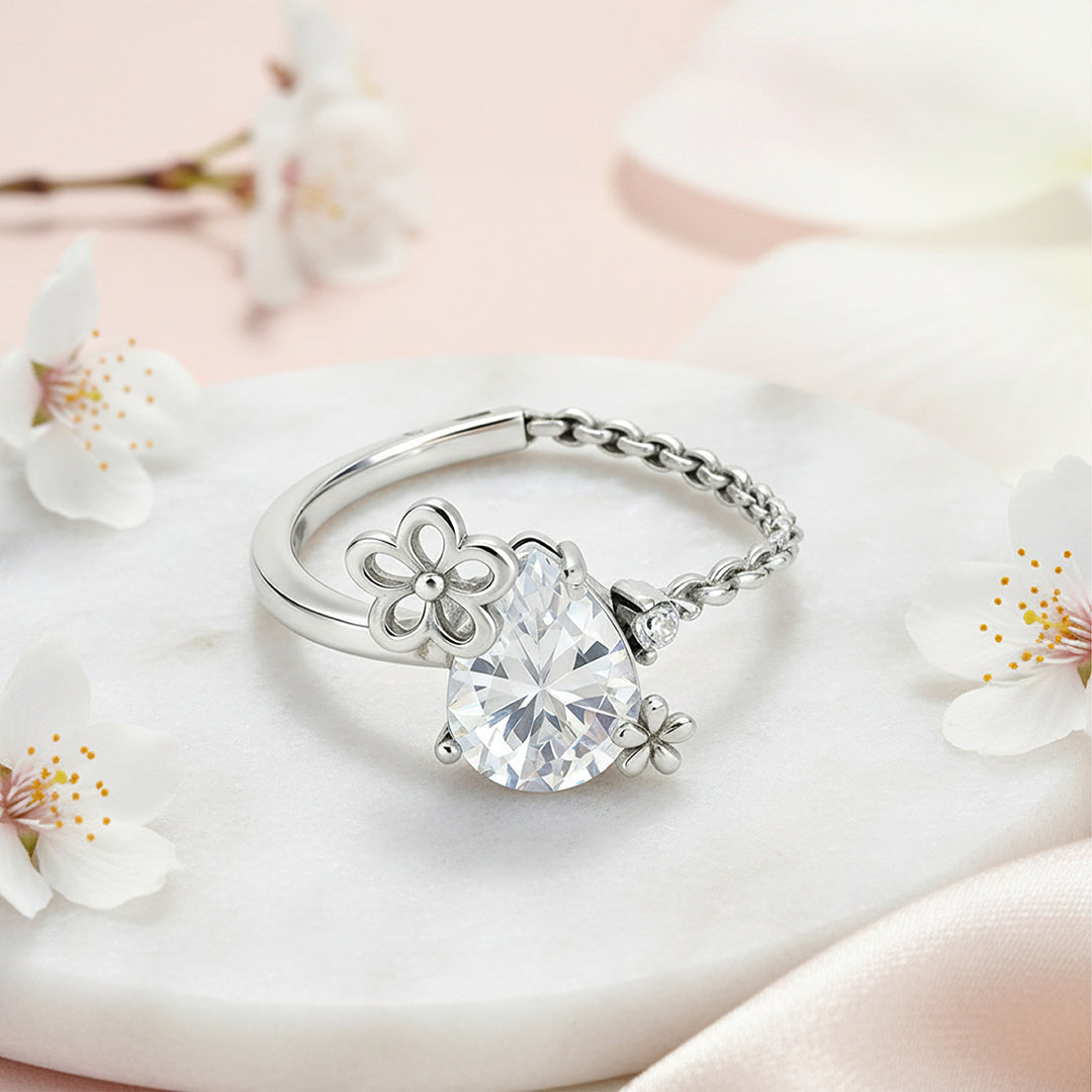 Floral Inspired 925 Sterling Silver White Teardrop Ring for Women
