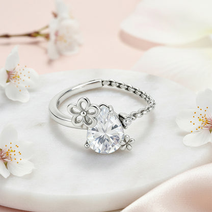Floral Inspired 925 Sterling Silver White Teardrop Ring for Women