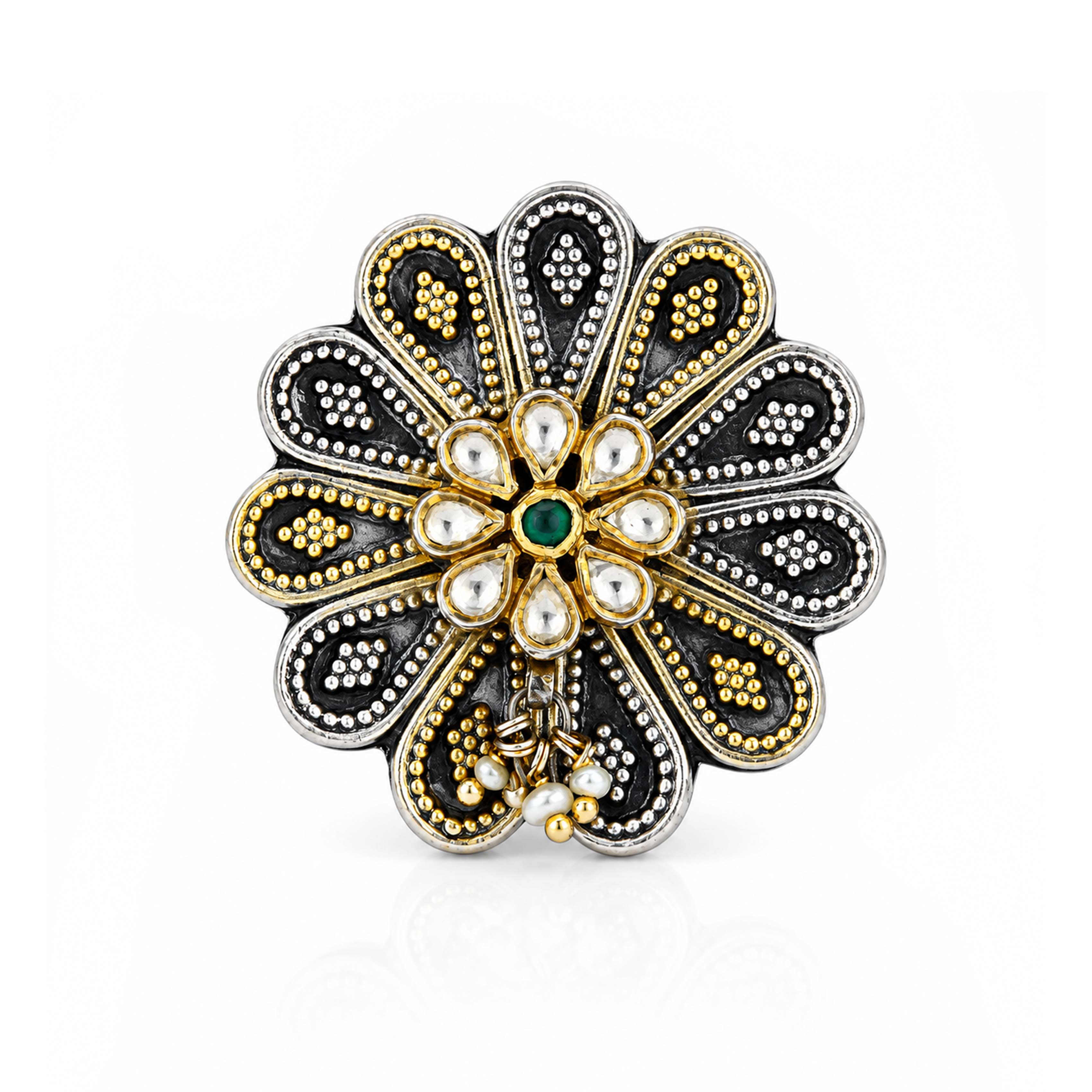 Floral Kundan 925 Sterling Silver Statement Ring
