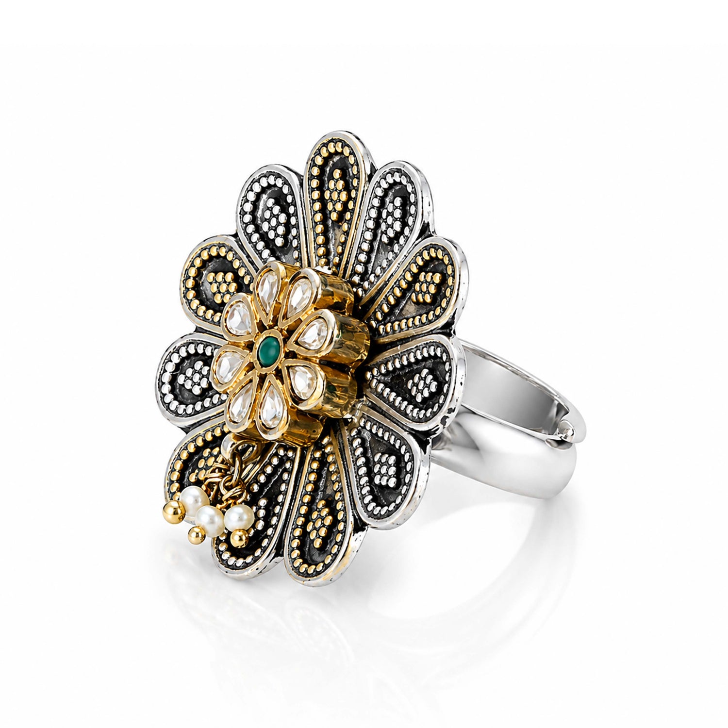 Floral Kundan 925 Sterling Silver Statement Ring