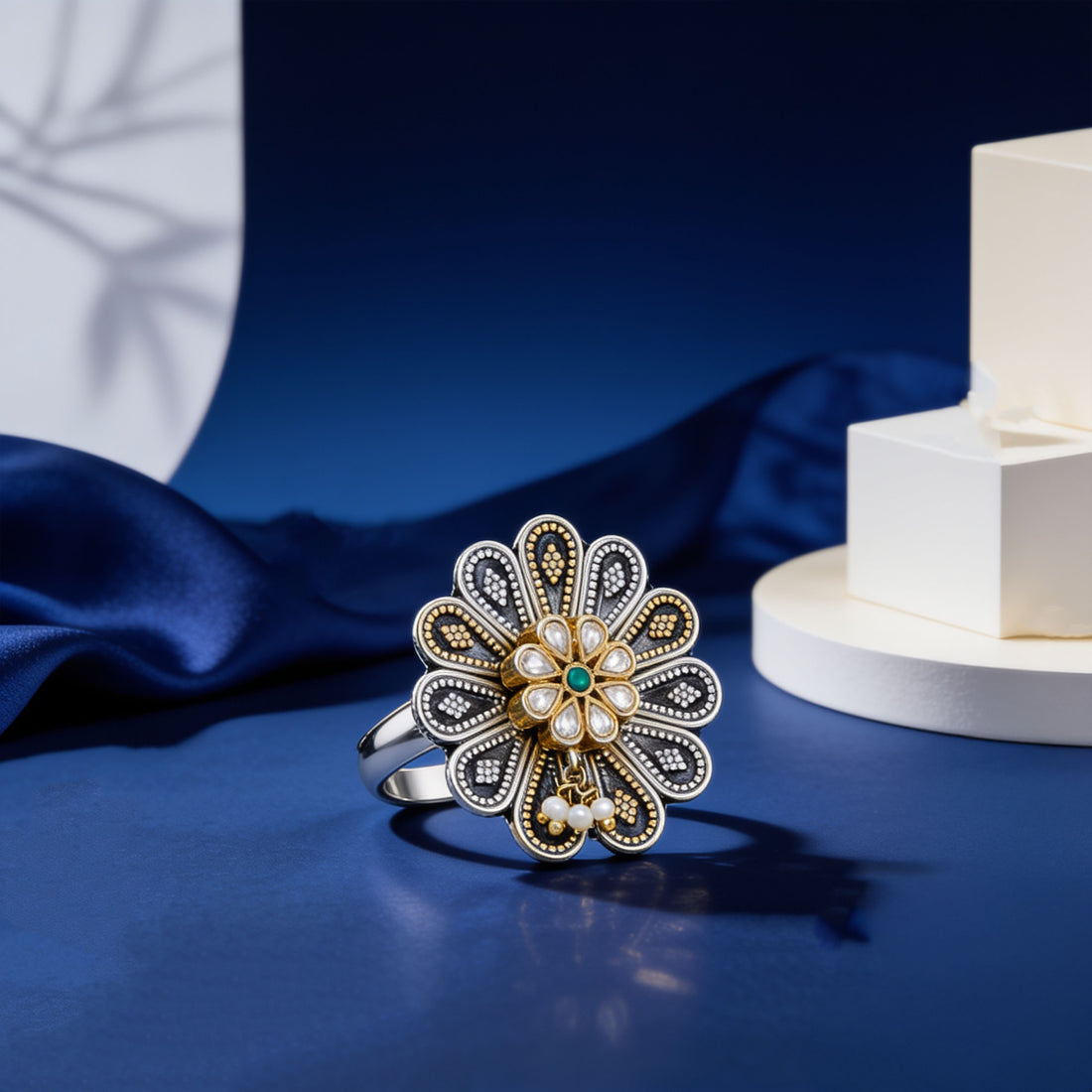 Floral Kundan 925 Sterling Silver Statement Ring