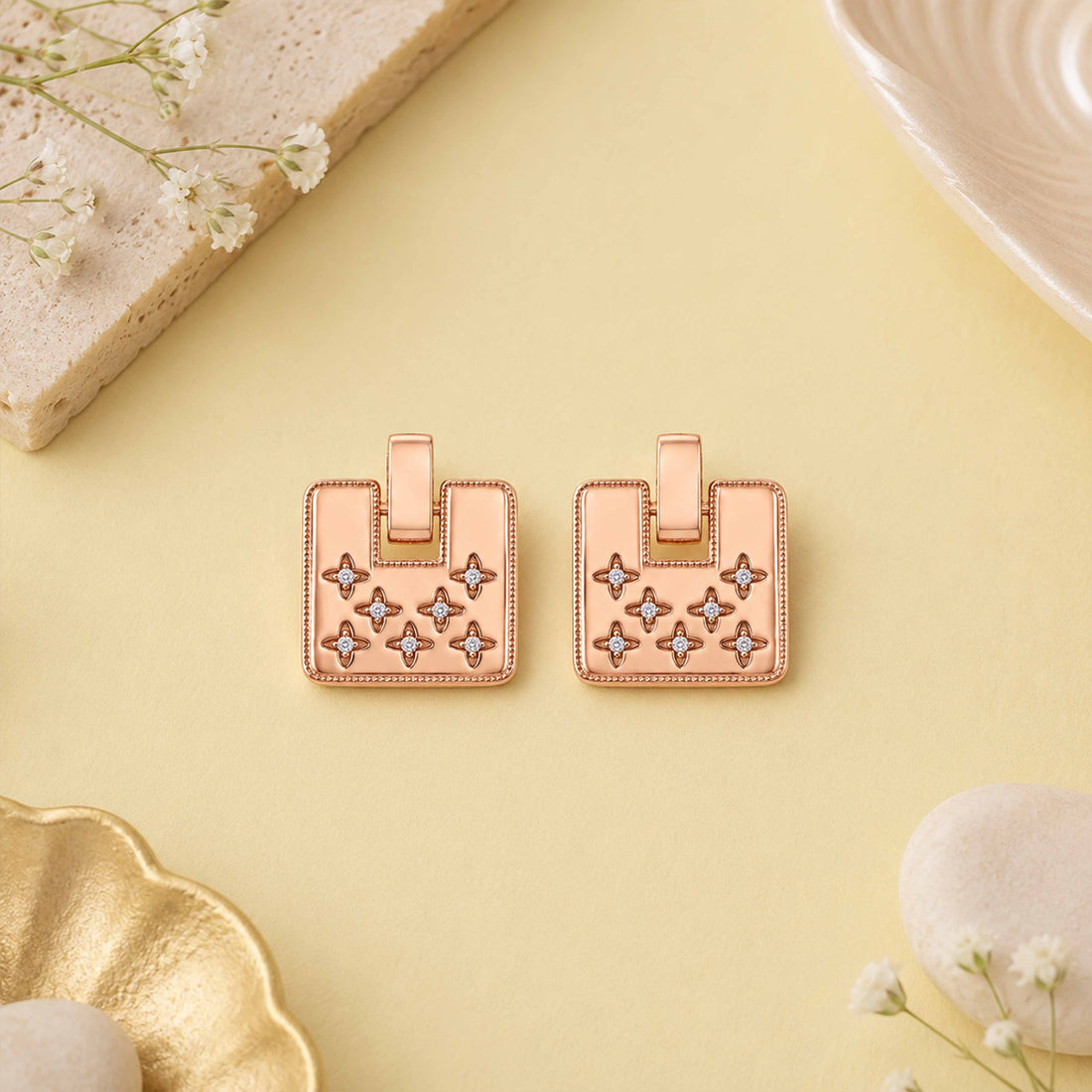 Floral Mosaic 925 Sterling Silver Rose Gold Earrings