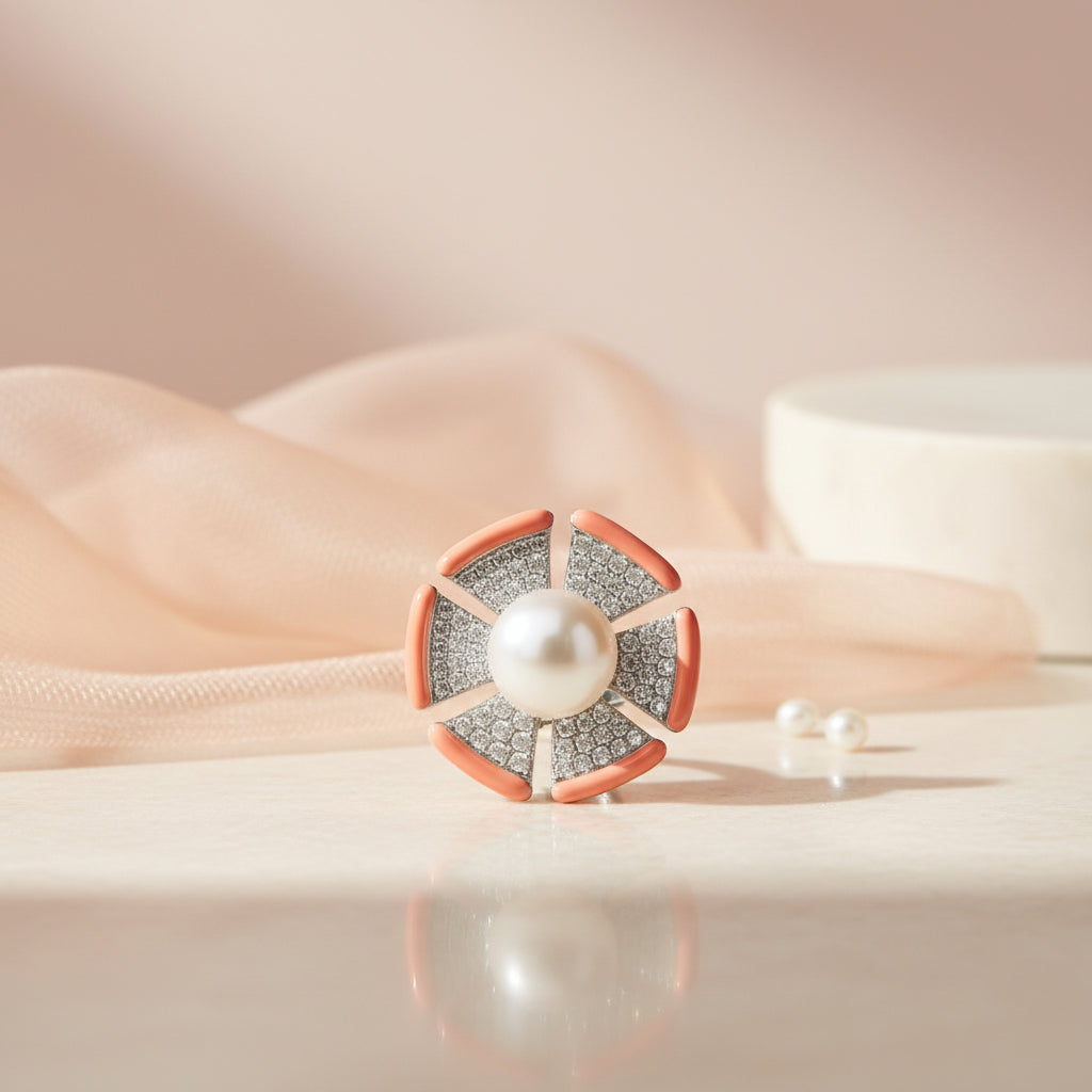 Floral Pearl Pavé 925 Sterling Silver Ring for Women