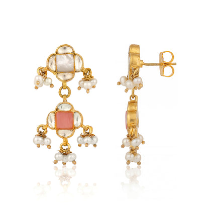 Floral Petal Pearl Golden 925 Sterling Silver Earring