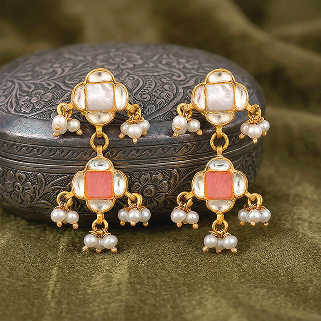 Floral Petal Pearl Golden 925 Sterling Silver Earring
