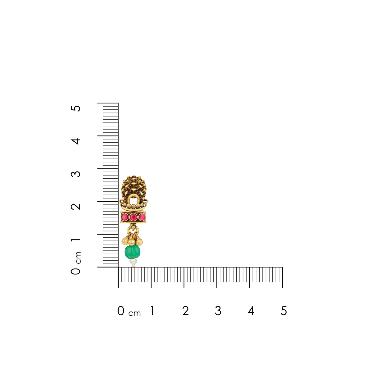 Jewelry earring with colorful stones on a white background with a ruler for scale.