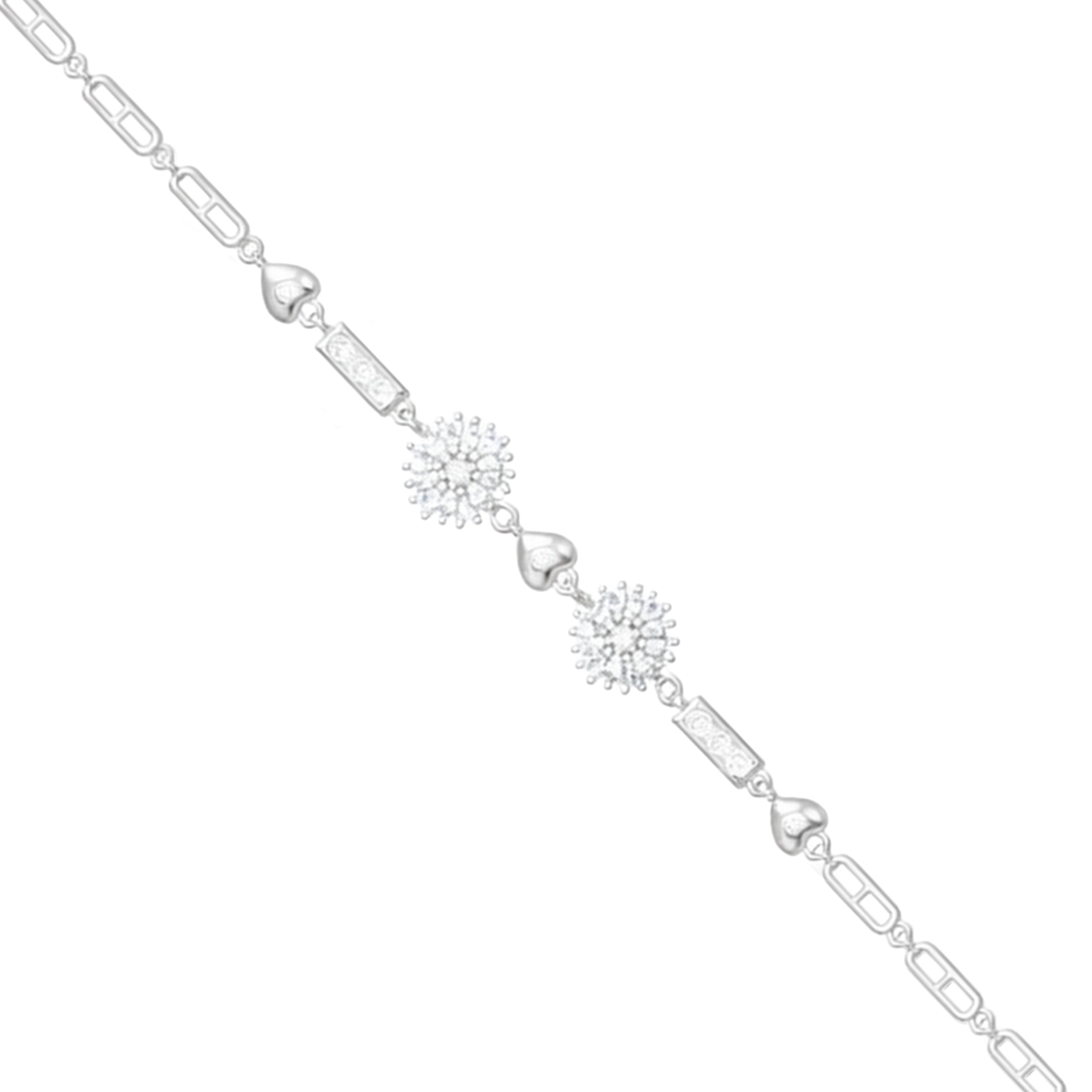 Silver bracelet with heart and snowflake charms on a white background