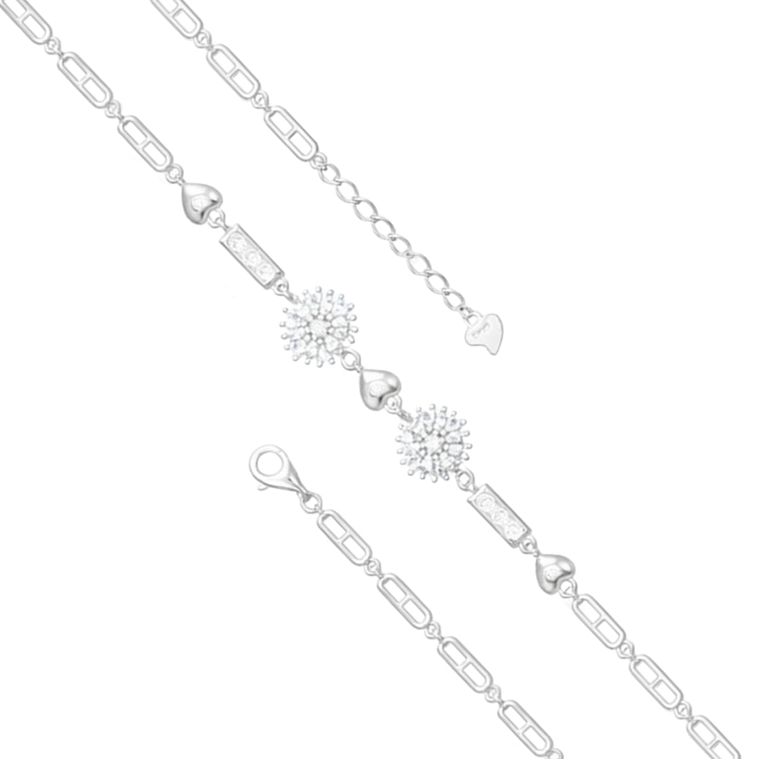 Silver bracelet with heart and snowflake charms on a white background