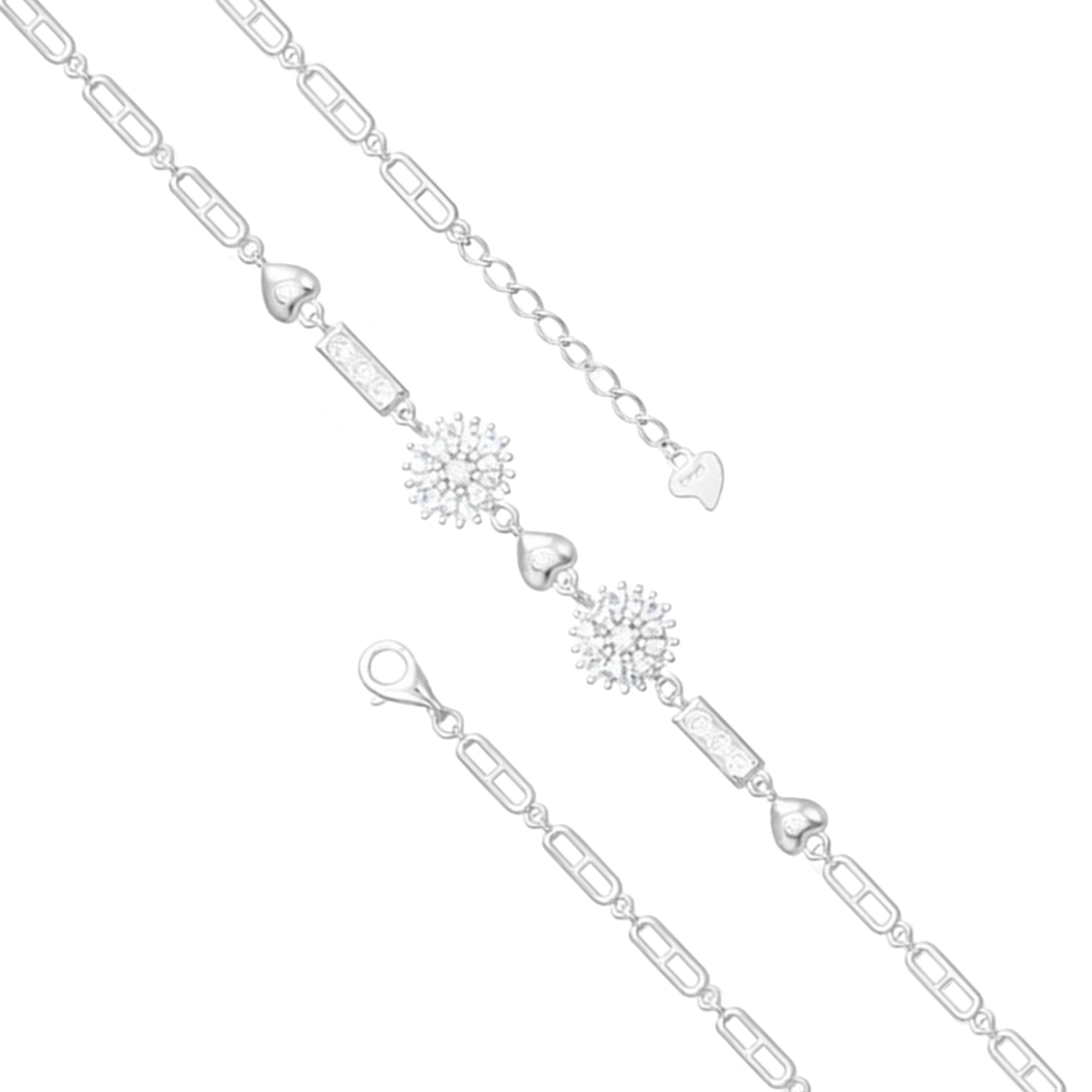 Silver bracelet with heart and snowflake charms on a white background