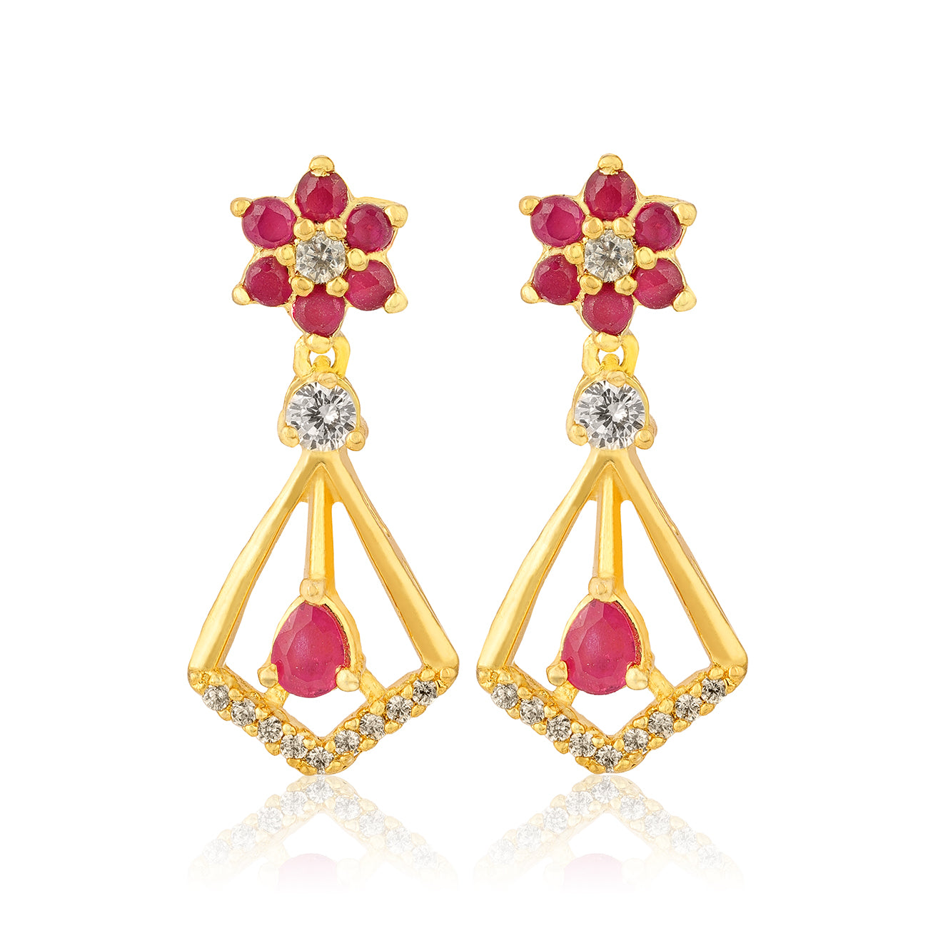 Floral Ruby 925 Sterling Silver Triangle Dangle Earring for Women