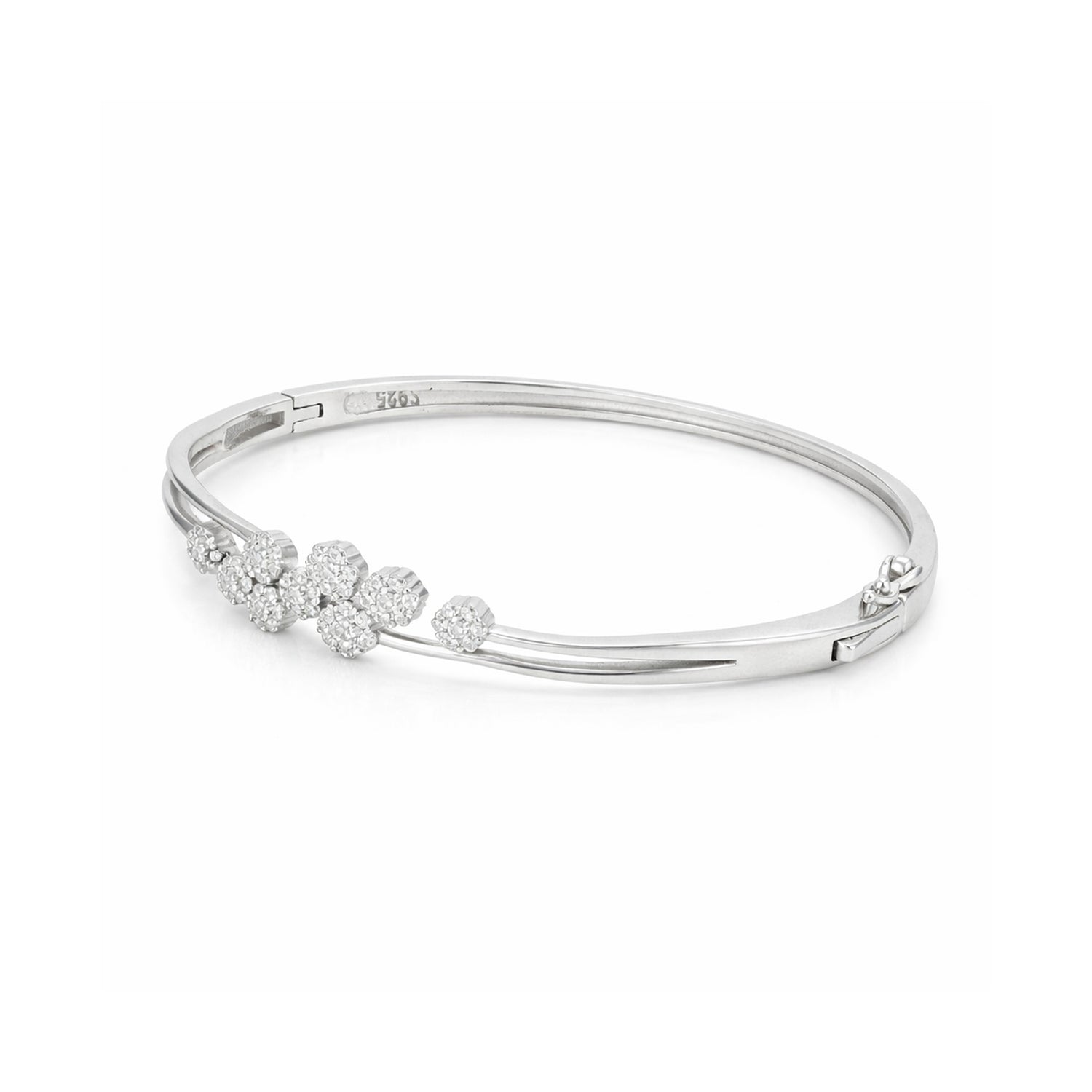 Silver bracelet with floral design on a white background