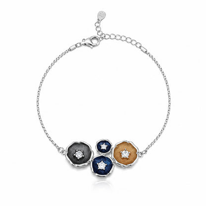 Floral Trio Color 925 Sterling Silver Chain Bracelet