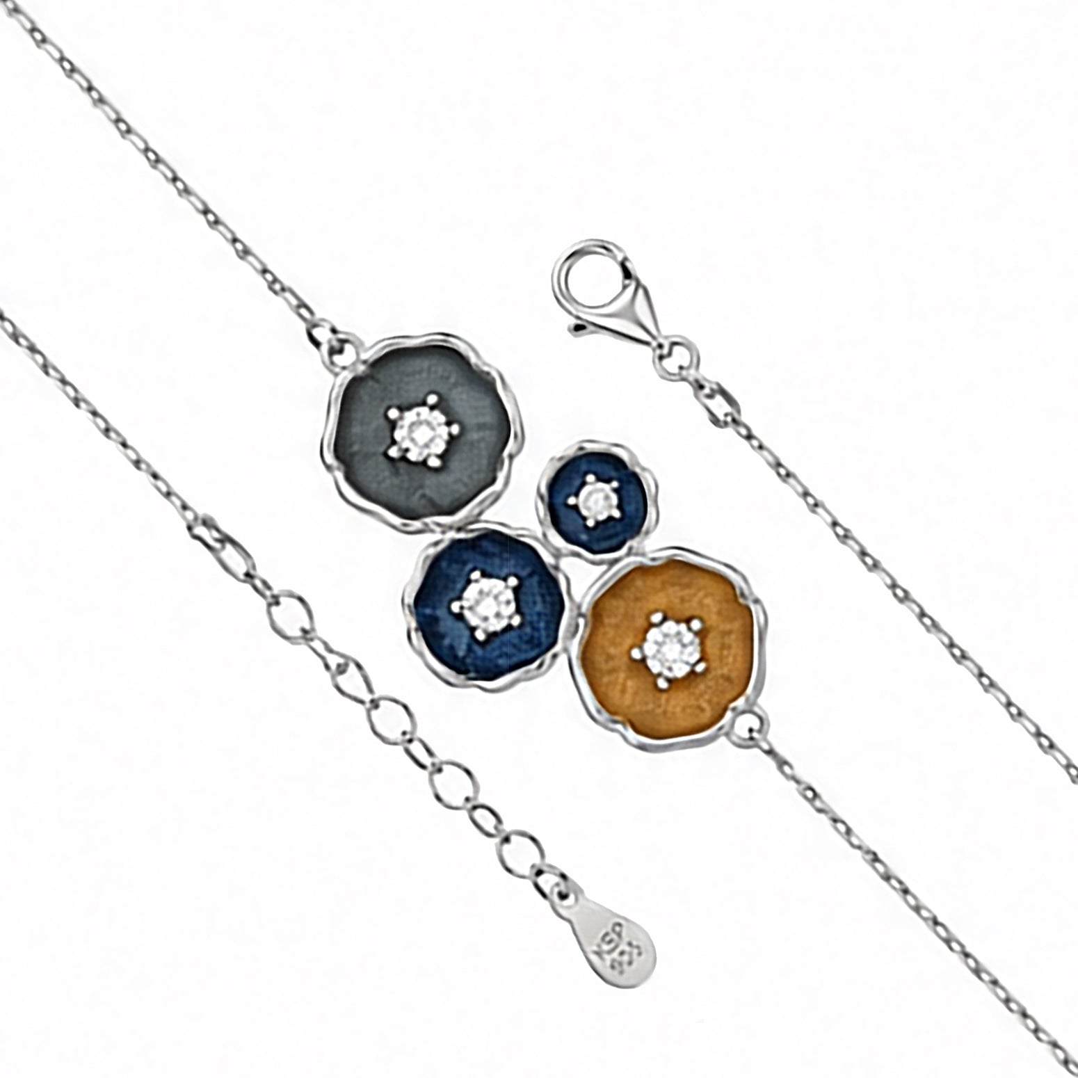 Floral Trio Color 925 Sterling Silver Chain Bracelet