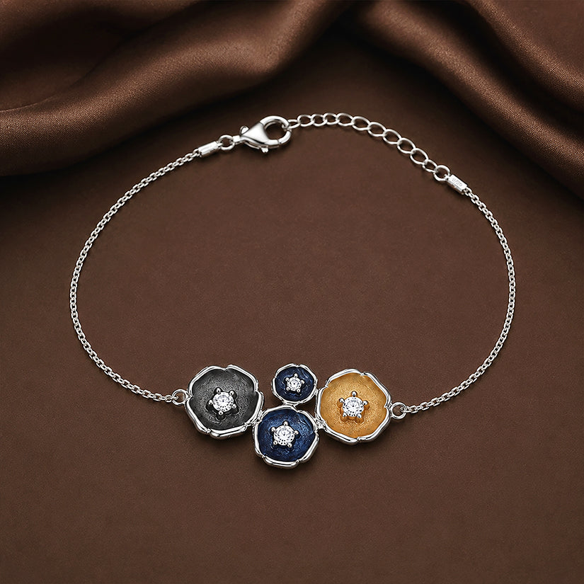 Floral Trio Color 925 Sterling Silver Chain Bracelet