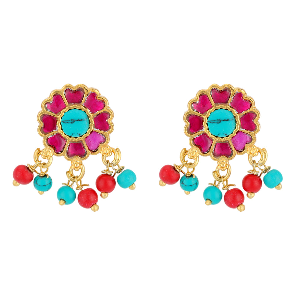 Floral Turquoise Stoned Beads Drop 925 Earrings