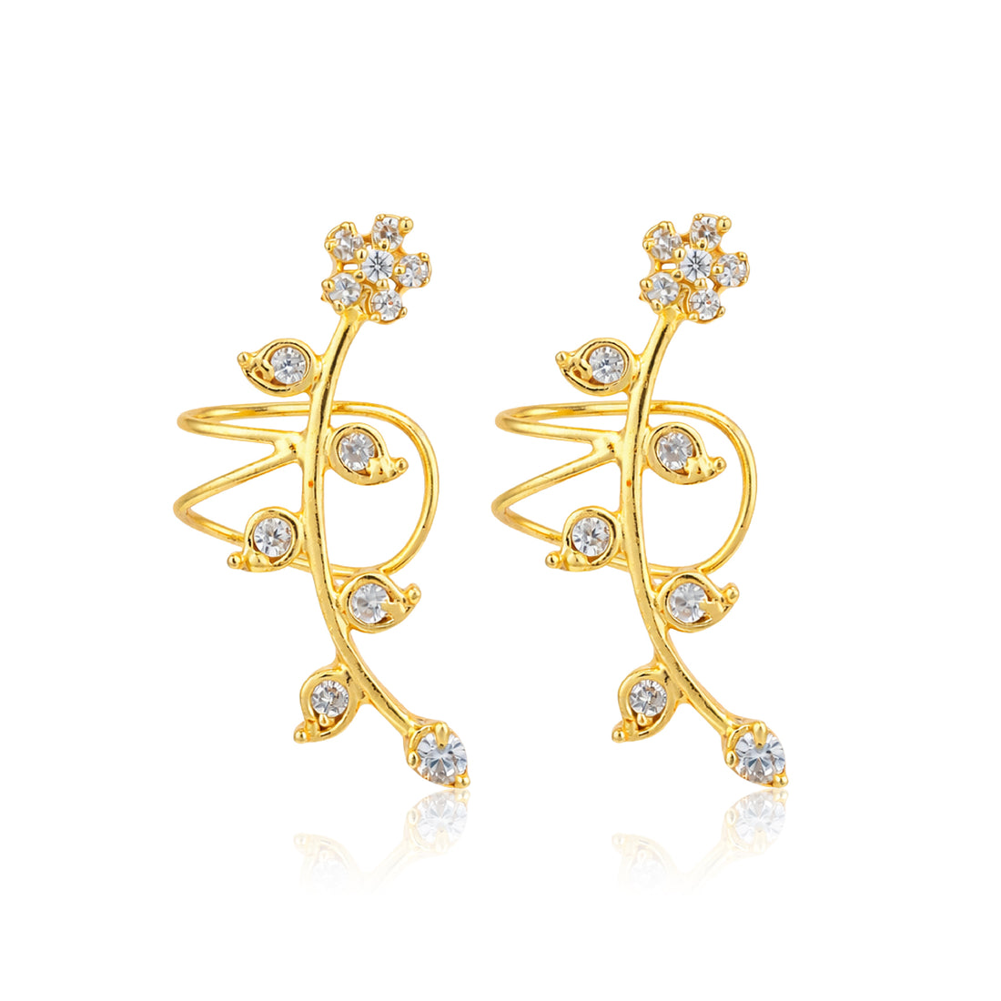 Gold earrings with diamond-like stones on a white background