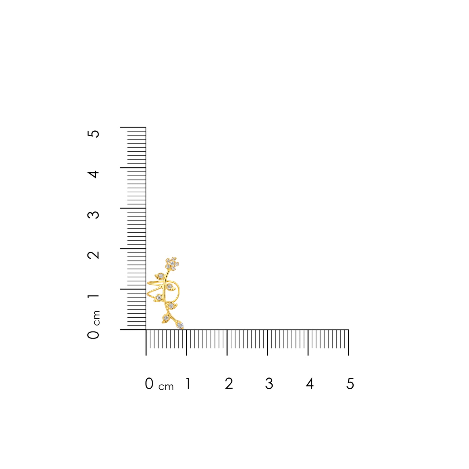 Gold necklace with a floral design on a white background with a ruler for scale.