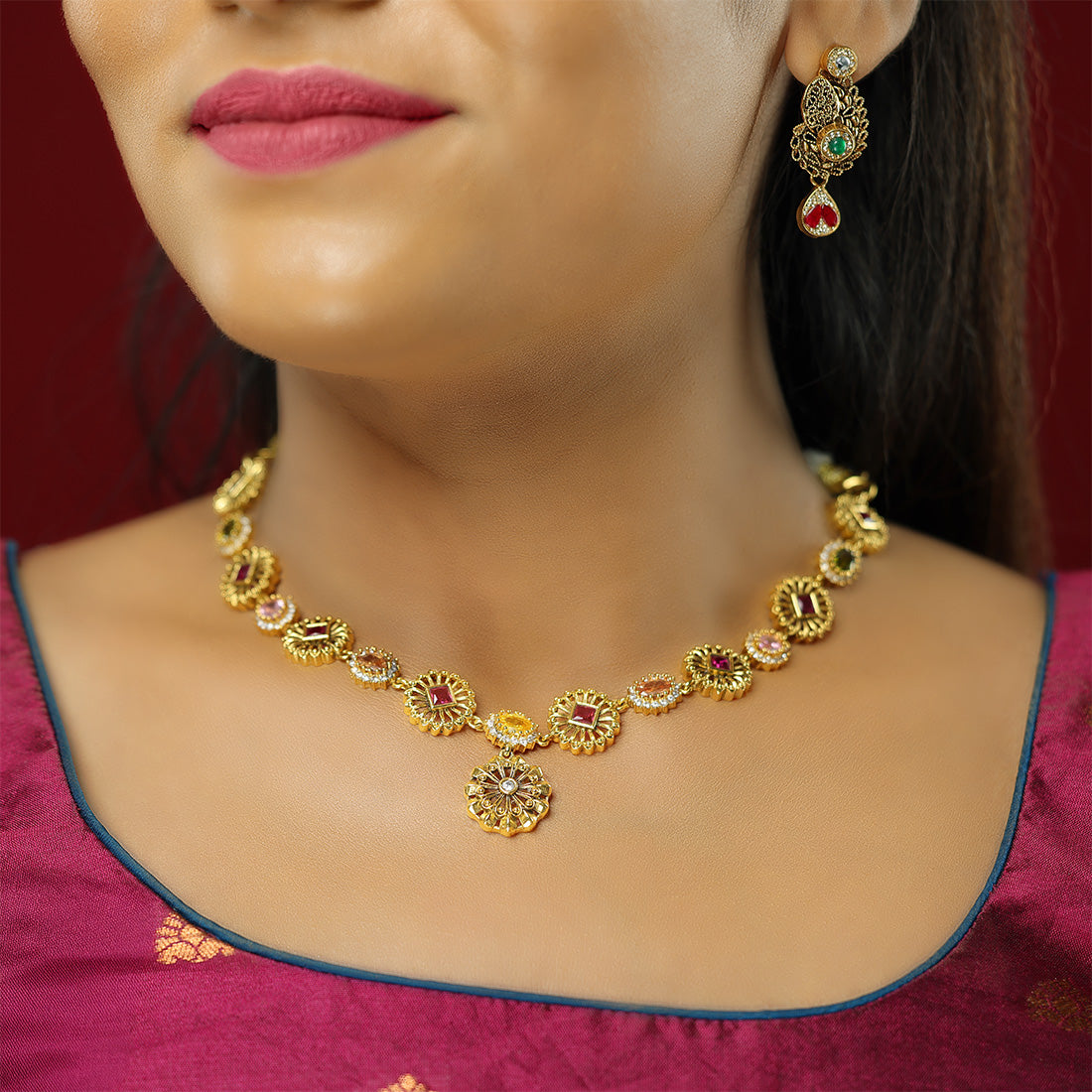 Florish Bloom 925 Gold Plated Colour Stoned Necklace