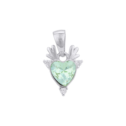 Silver pendant with a green heart-shaped gem on a white background