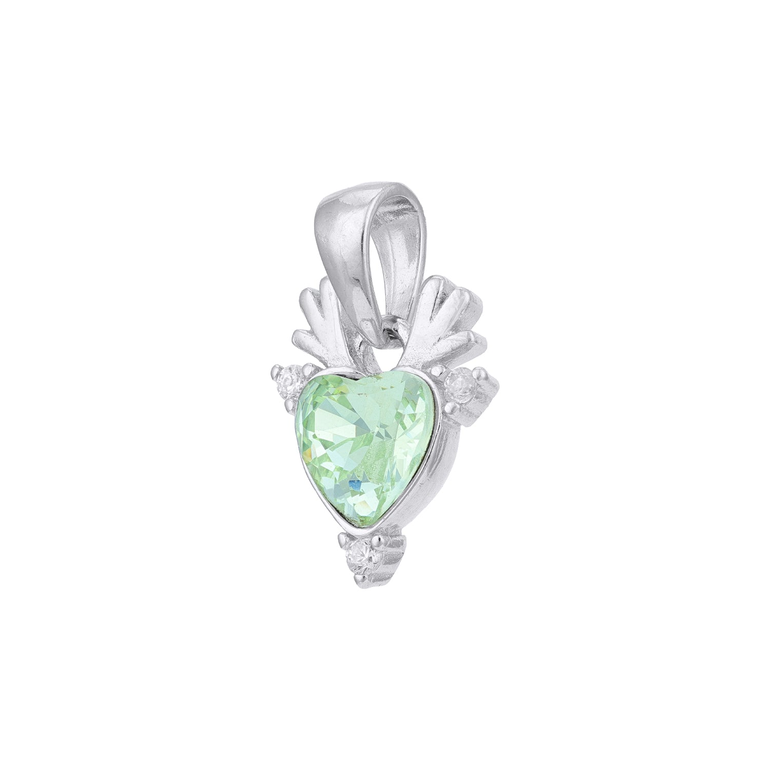 Silver pendant with a heart-shaped green gemstone on a white background