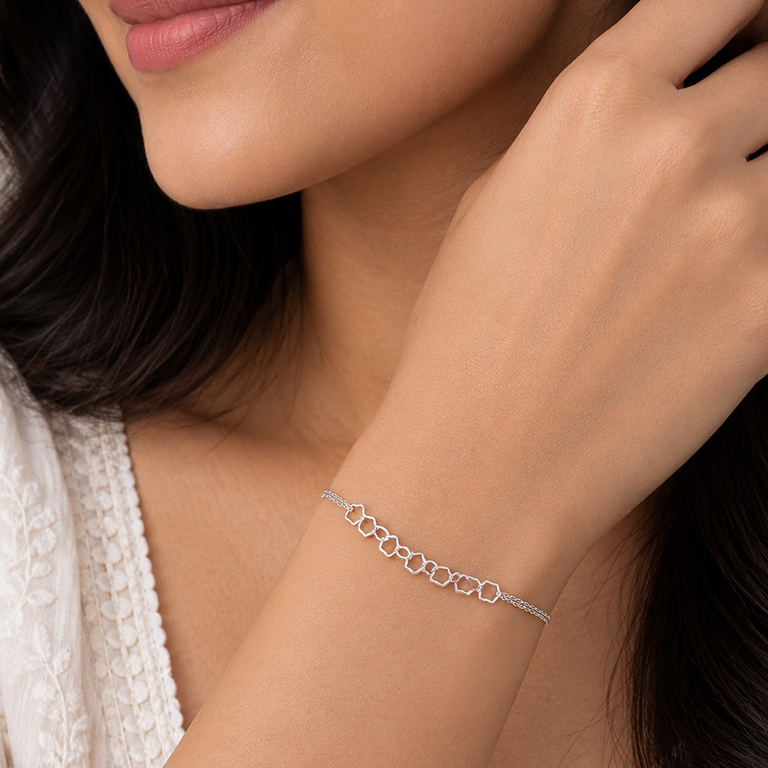 Geometric Linked Pentagon 925 Sterling Silver Bracelet