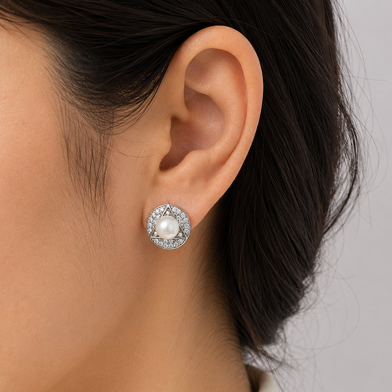 Geometric Triangle Pearl Silver Halo Studs