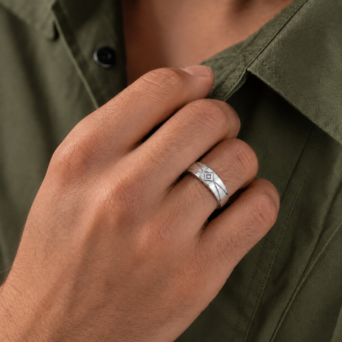 Geometric Engraved Silver Band Ring