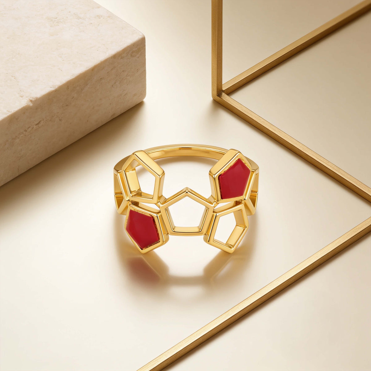 Geometric Honeycomb Coral Statement Ring