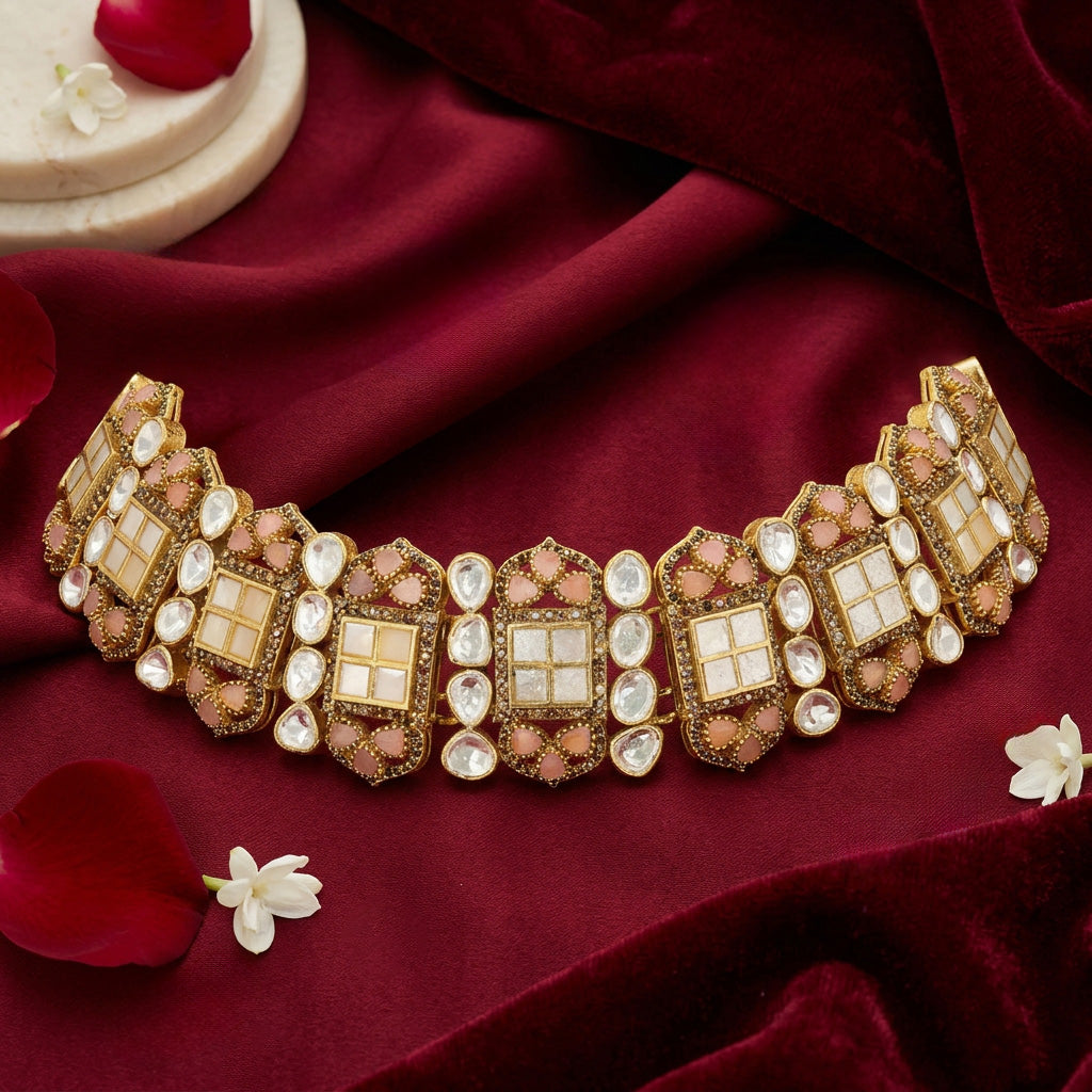 Geometric Kundan Elegance 925 Sterling Silver  Choker  Necklace