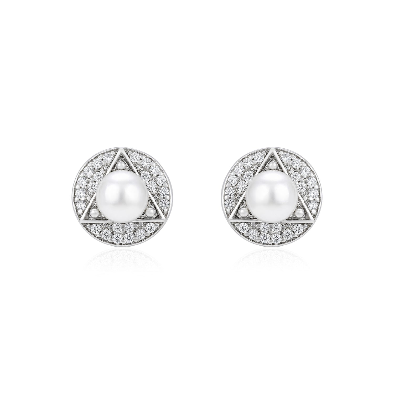 Geometric Triangle Pearl Silver Halo Studs