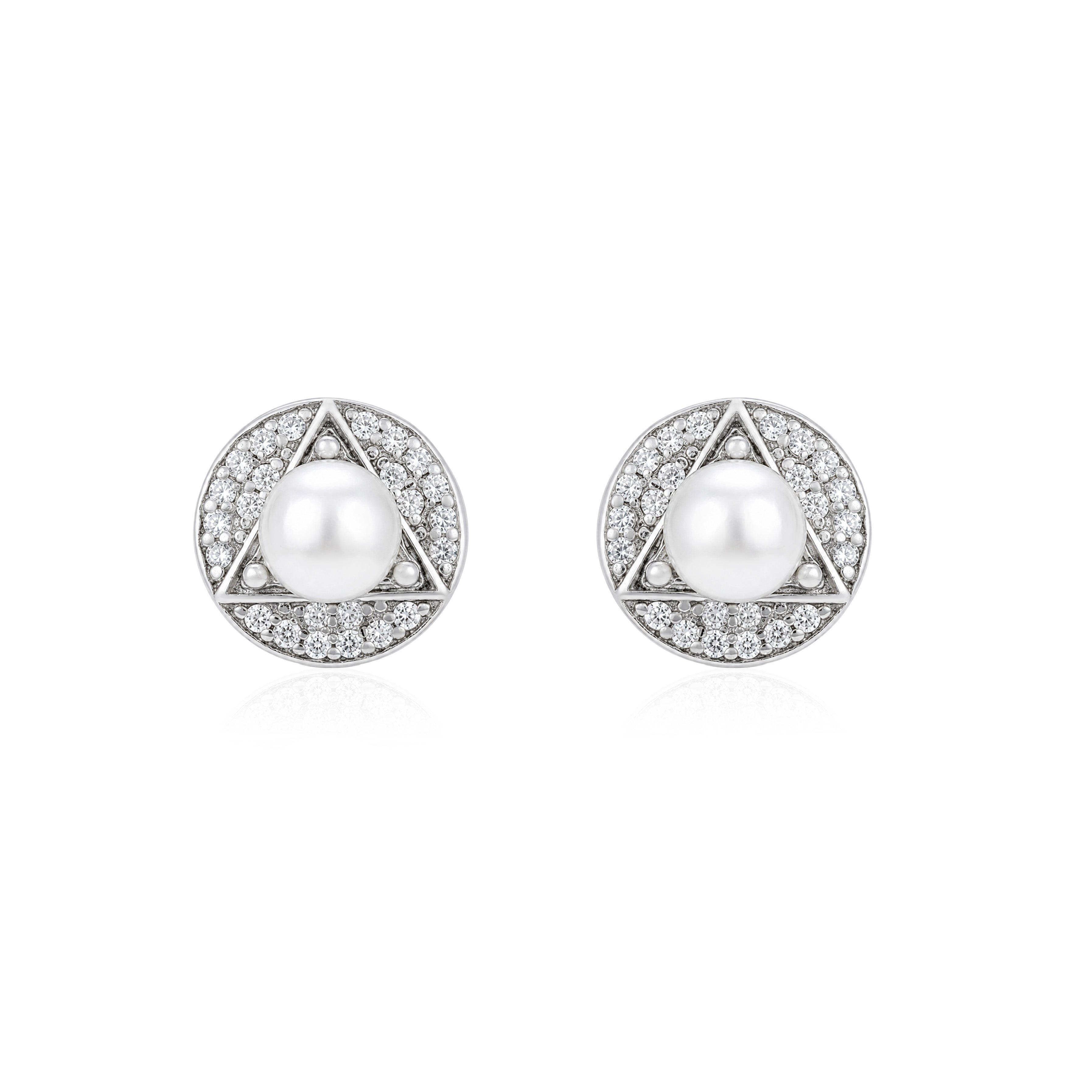 Geometric Triangle Pearl Silver Halo Studs
