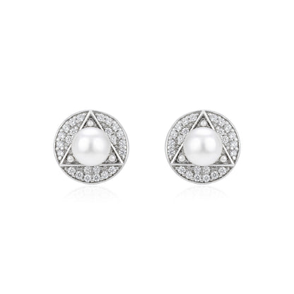 Geometric Triangle Pearl Silver Halo Studs