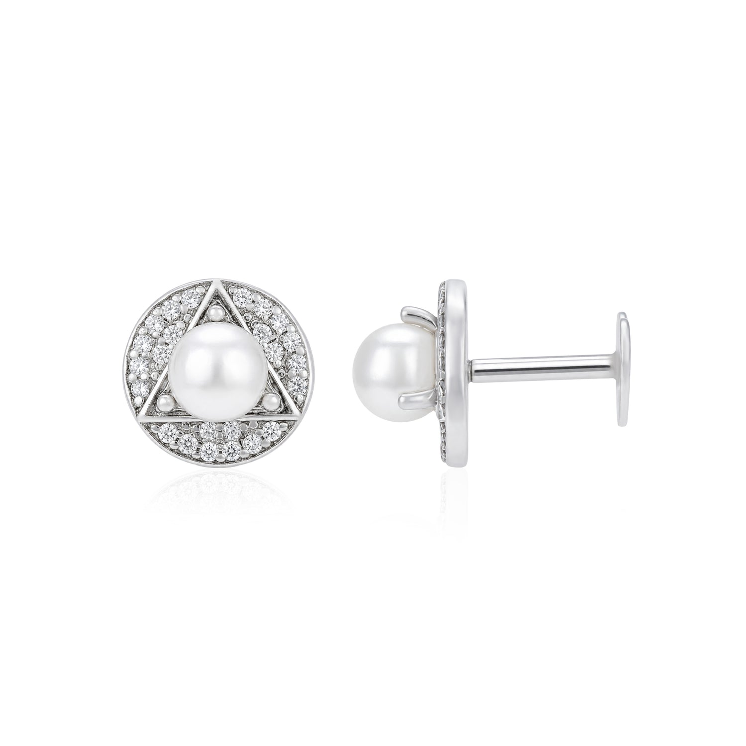 Geometric Triangle Pearl Silver Halo Studs