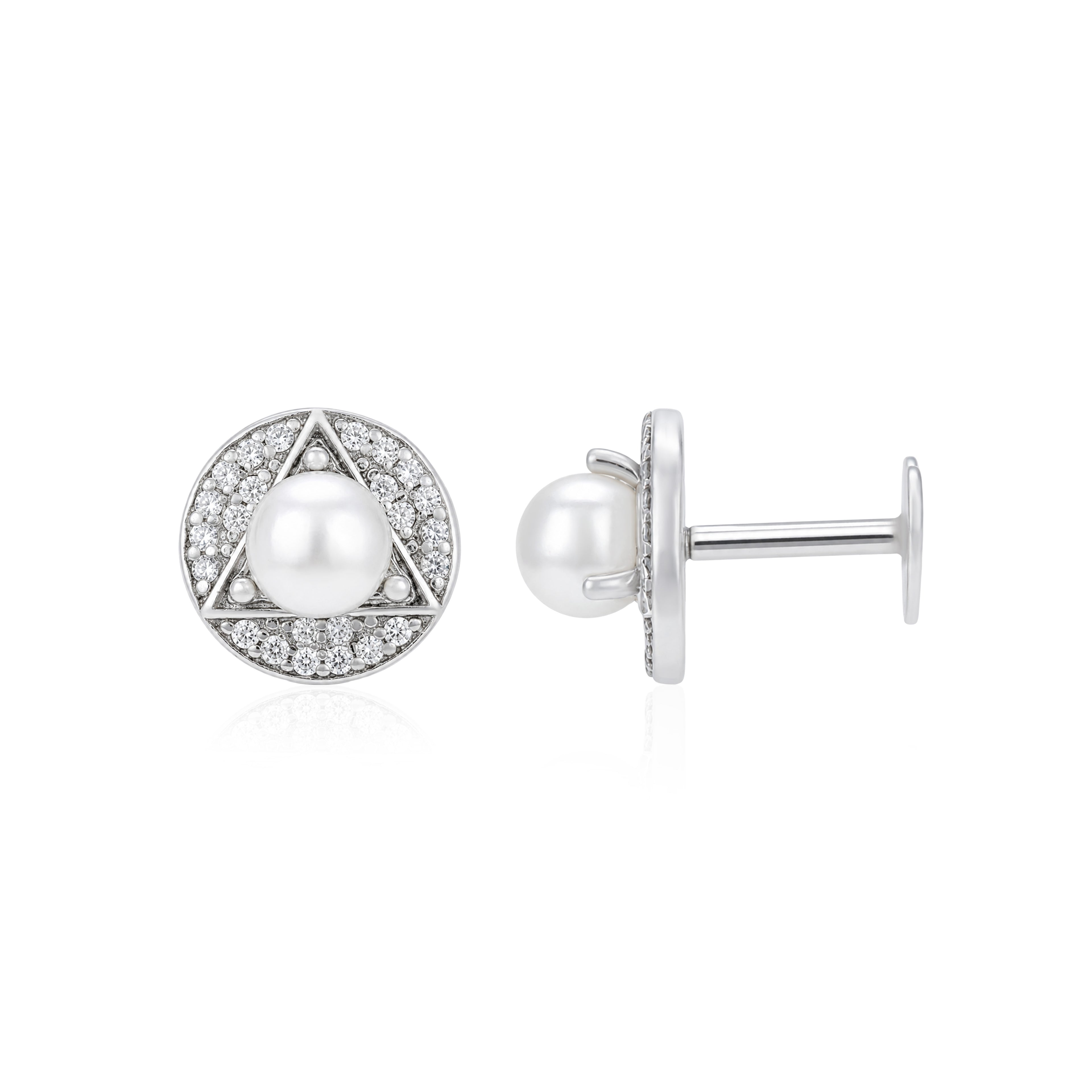 Geometric Triangle Pearl Silver Halo Studs