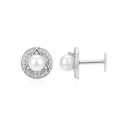 Geometric Triangle Pearl Silver Halo Studs