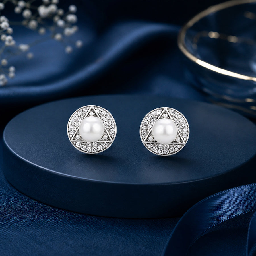 Geometric Triangle Pearl Silver Halo Studs