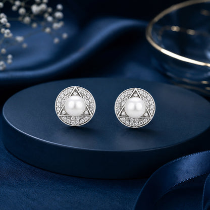Geometric Triangle Pearl Silver Halo Studs