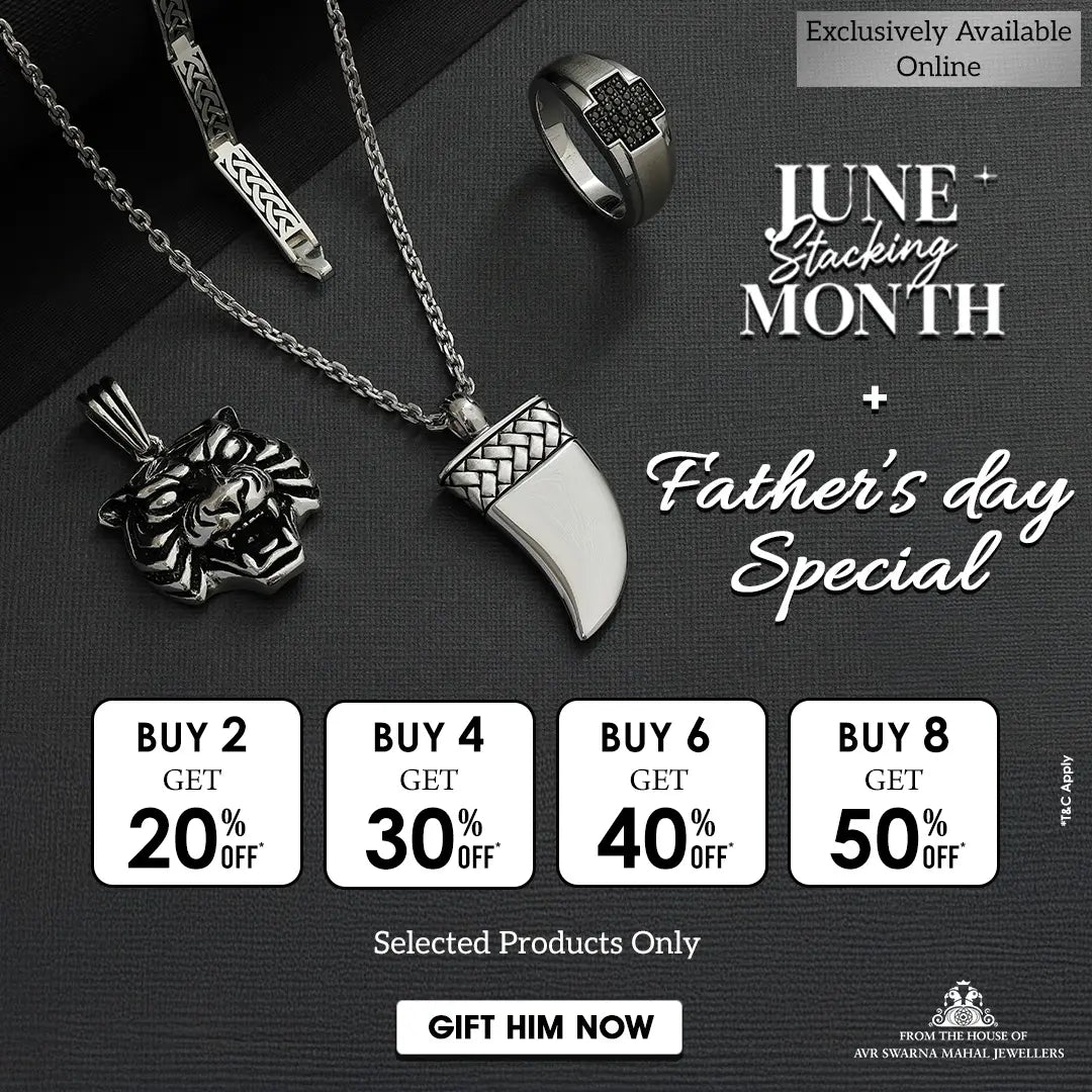 Jewelry set including a necklace with a pendant and ring on a dark background, with promotional text for Father's Day.