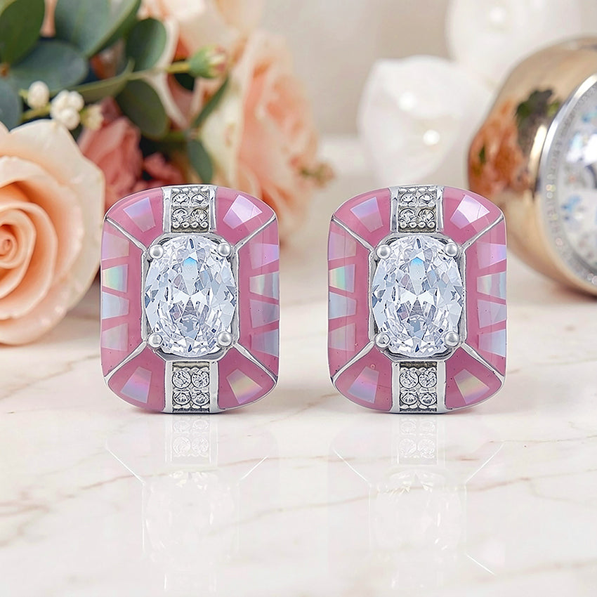Glamorous Pink Halo Accent 925 Sterling Silver Stud for Women