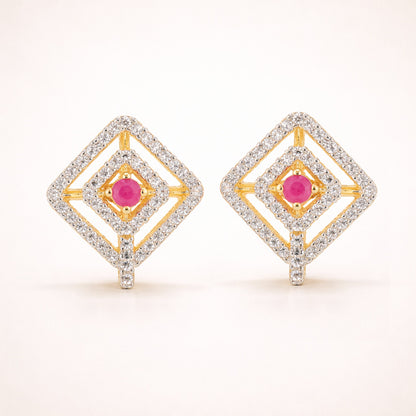Pair of diamond-shaped earrings with pink gemstones on a white background