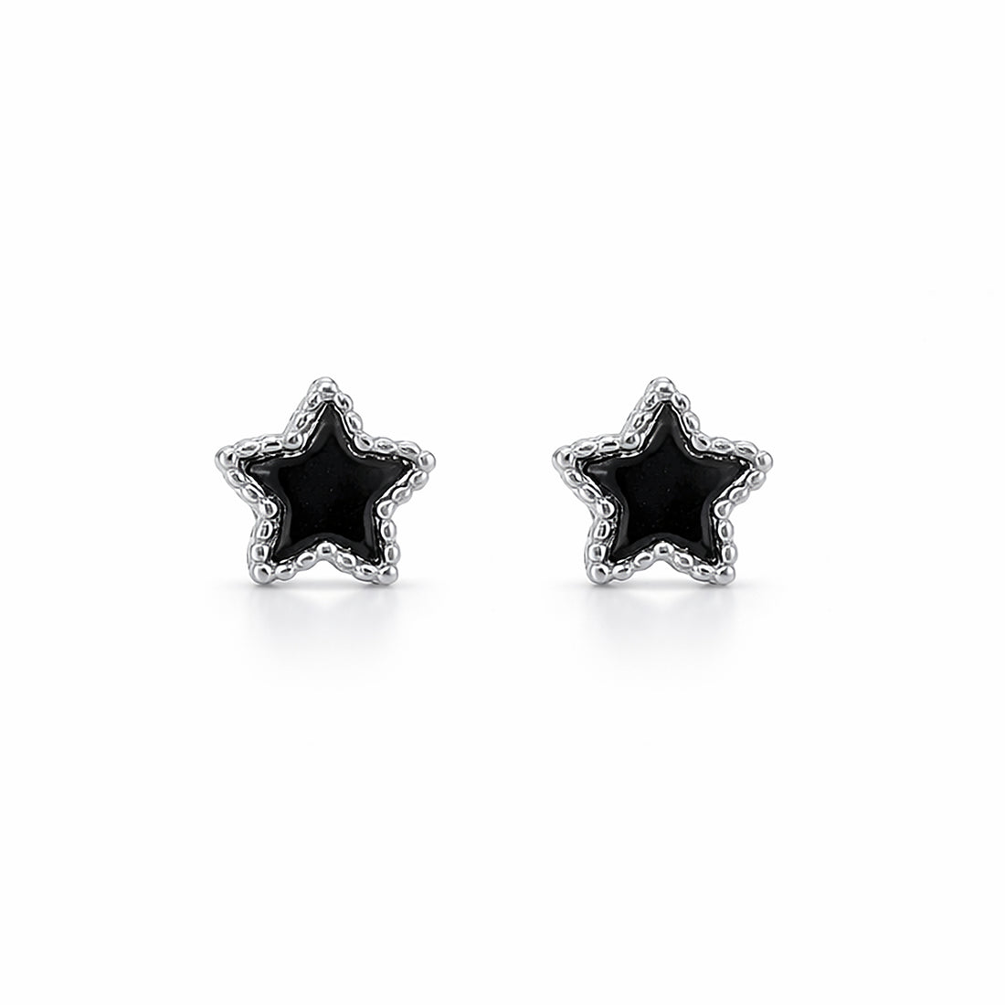 Star-shaped earrings with black centers and silver rims on a white background