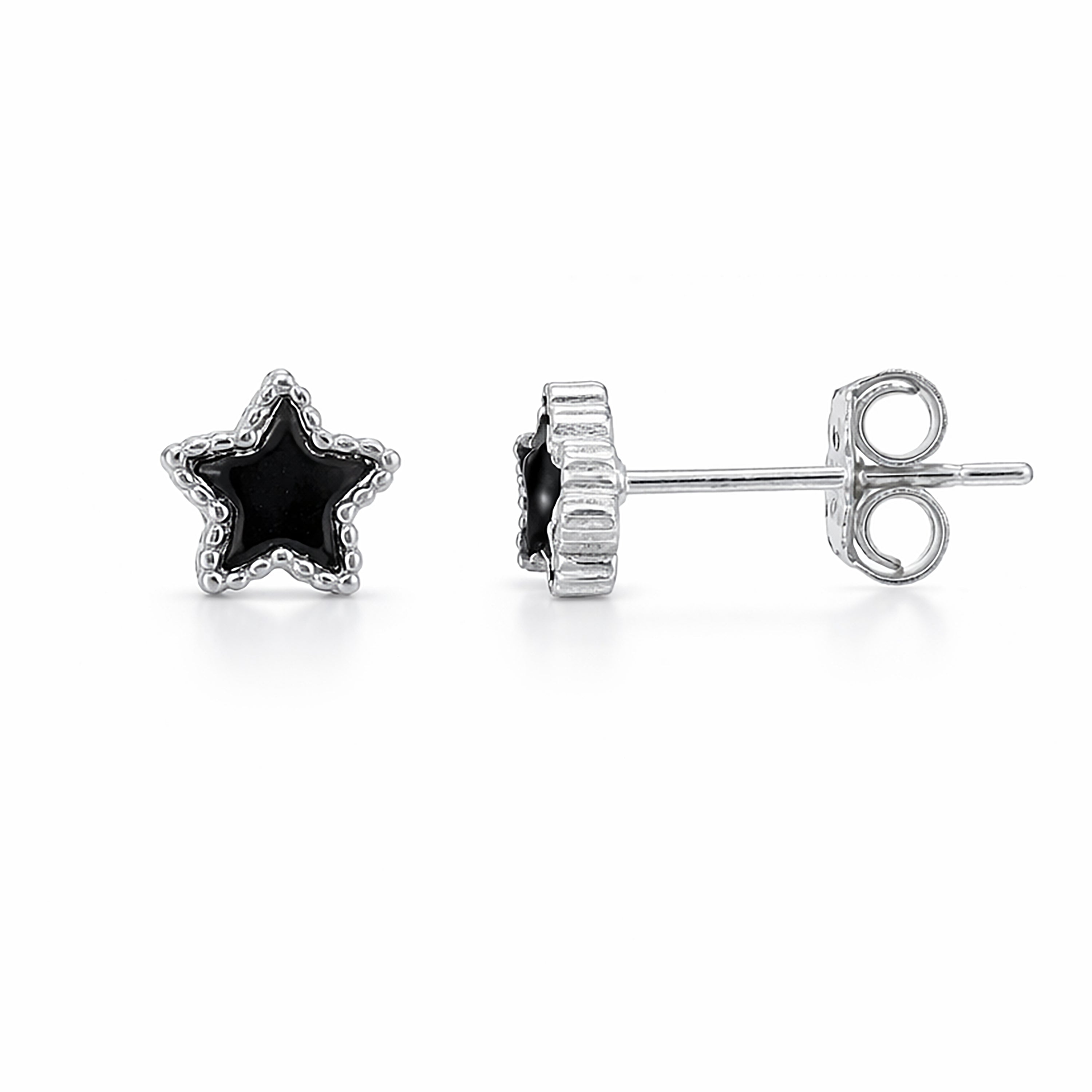 Star-shaped earrings with black gemstones on a white background