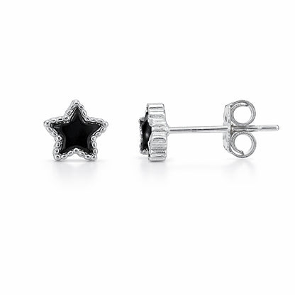 Star-shaped earrings with black gemstones on a white background