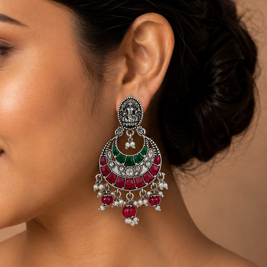 Goddess Lakshmi Oxidized Silver Chandbali Earrings