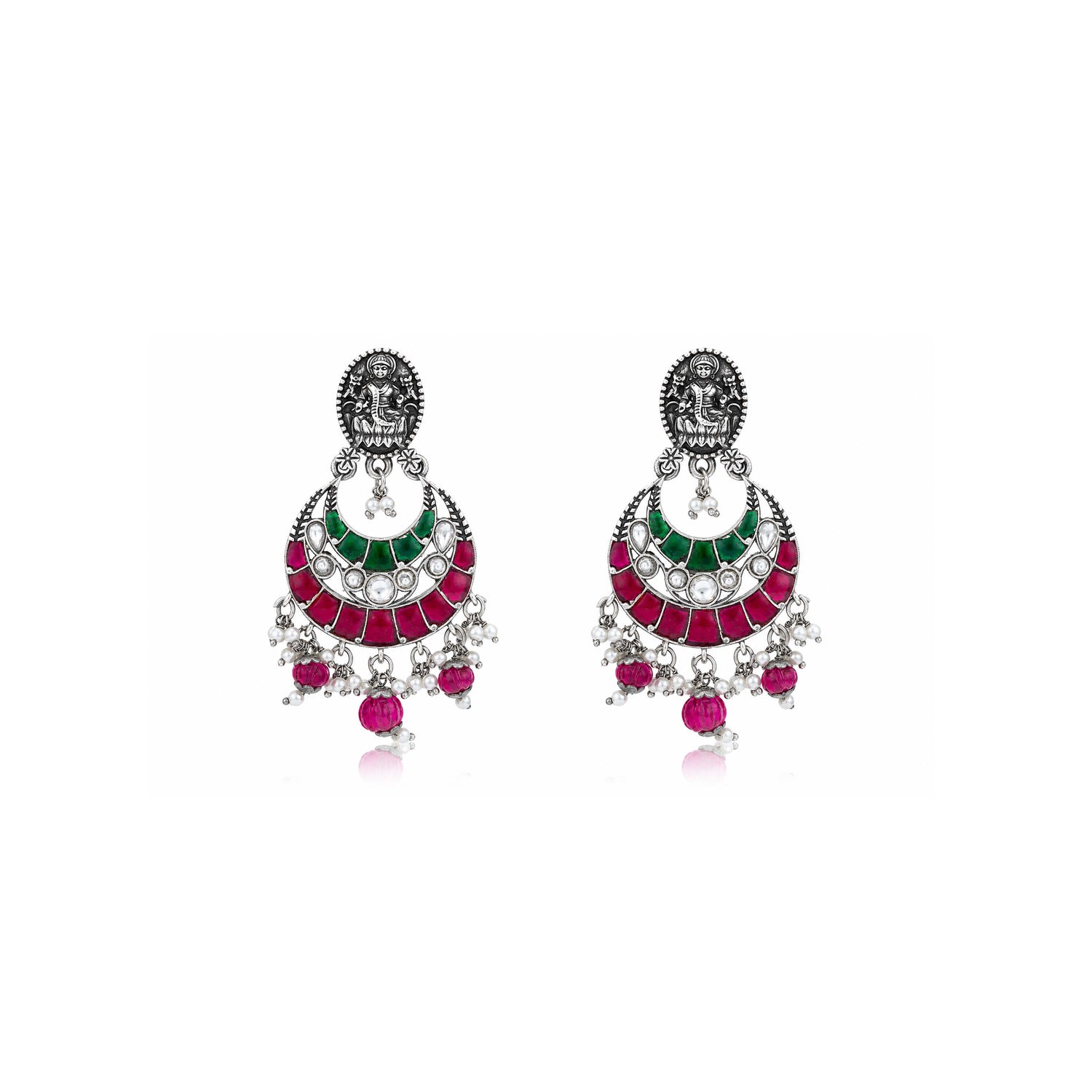 Goddess Lakshmi Oxidized Silver Chandbali Earrings