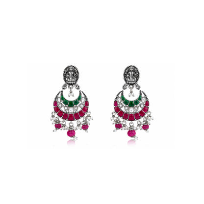 Goddess Lakshmi Oxidized Silver Chandbali Earrings