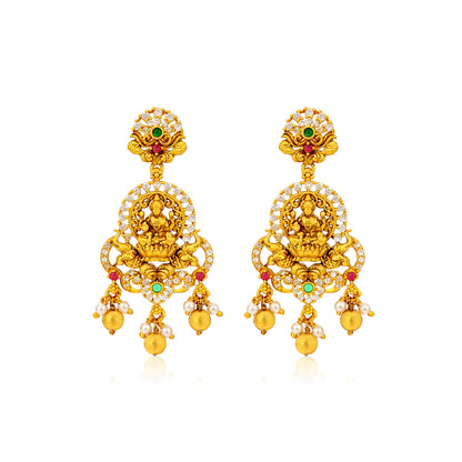 Goddess Lakshmi Elephant Chariot 925 Sterling Silver Gold Plated Chandelier Earring for Women