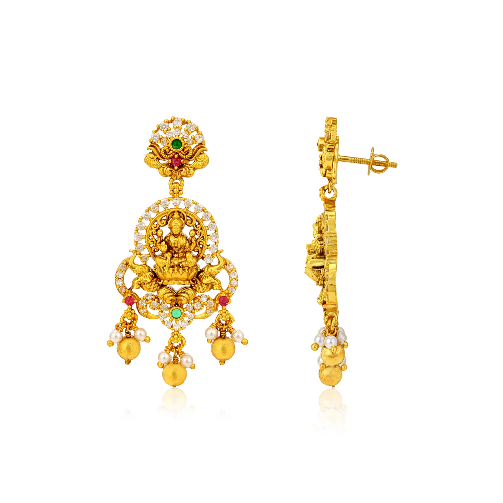 Gold earrings with intricate designs on a white background