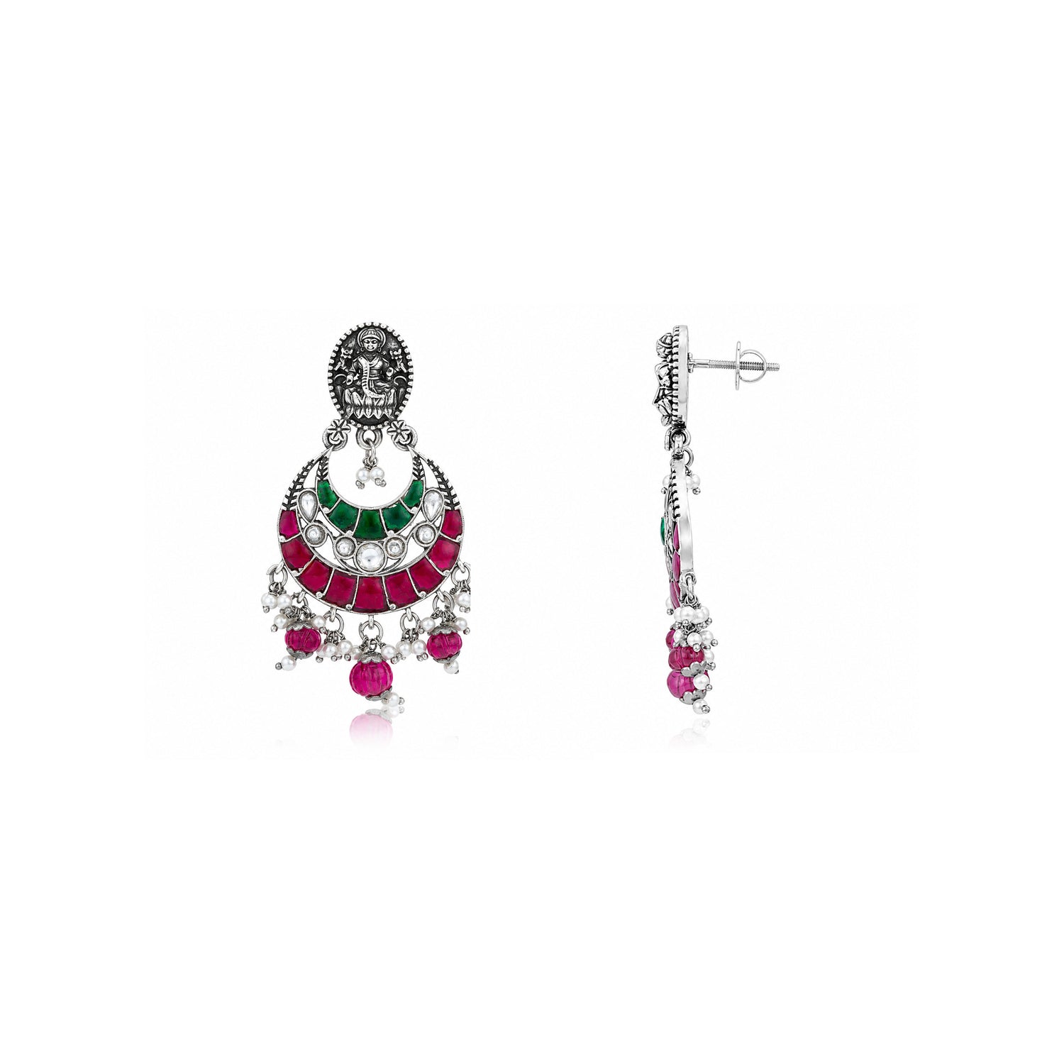 Goddess Lakshmi Oxidized Silver Chandbali Earrings
